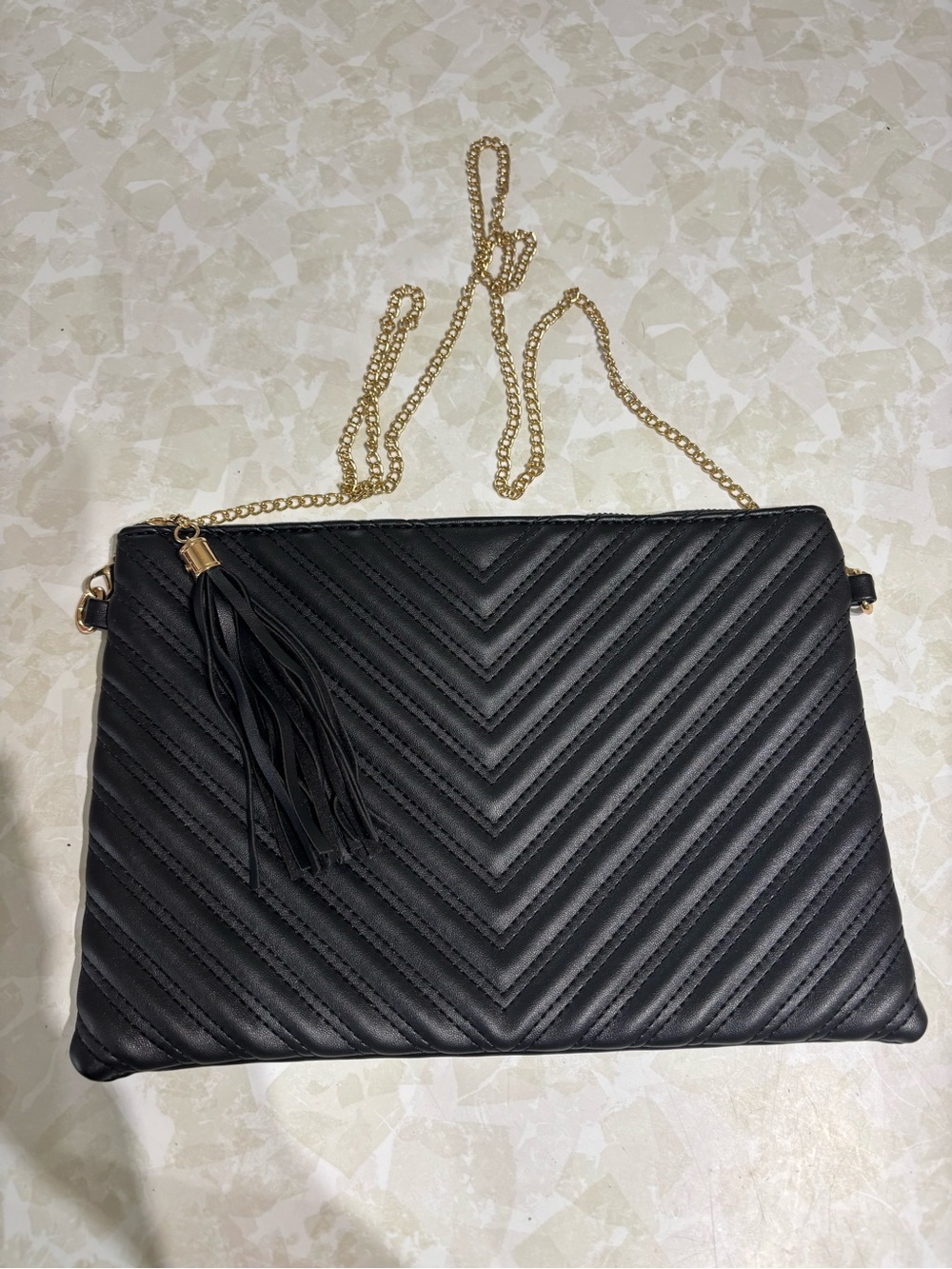 Black Quilted Chevron Crossbody Bag with Gold Chain